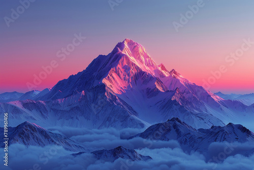 A mountain peak stands against a backdrop transitioning from purple to blue, creating a cinematic scene.