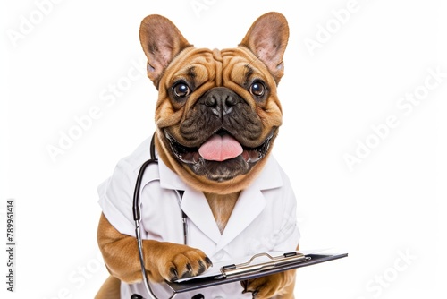 English bulldog dressed as a doctor