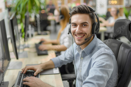 A man, headset on, works at a call center office, seated before a computer and typing while providing customer support, surrounded by other people.