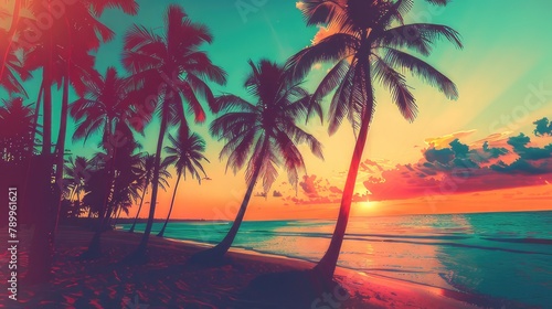 Serenity in Silhouettes Palm Trees Grace a Tropical Beach at Sunset, Bathed in Modern Vintage Colors
 photo
