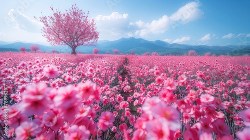 Spring s Splendor A Vibrant Field of Rosy Blossoms Flourishing under a Clear Azure Sky  Radiating Beauty and Joy 