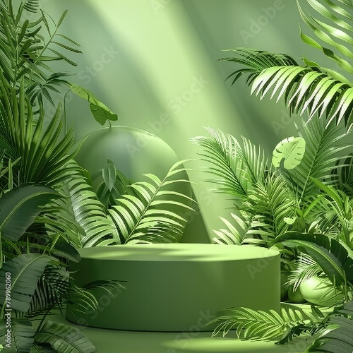 Podium for sale  presentation with advertising space. Green background  floral decor. Advertising and exposition of eco-products. PR events of conservationists  flora and fauna.