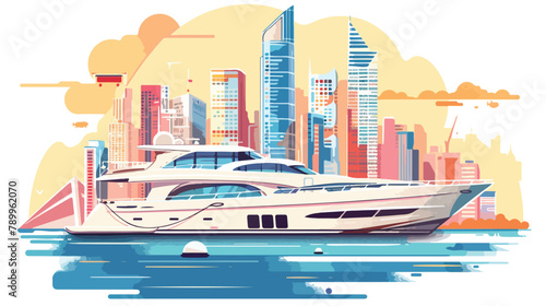 Yacht skyscrapers seascape. Vector flat illustration