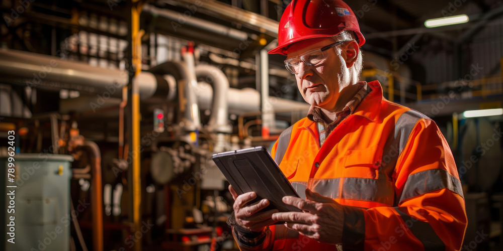 A worker in an industrial setting, donned in workwear and a helmet, holds a tablet computer, looking at it with a focused expression.