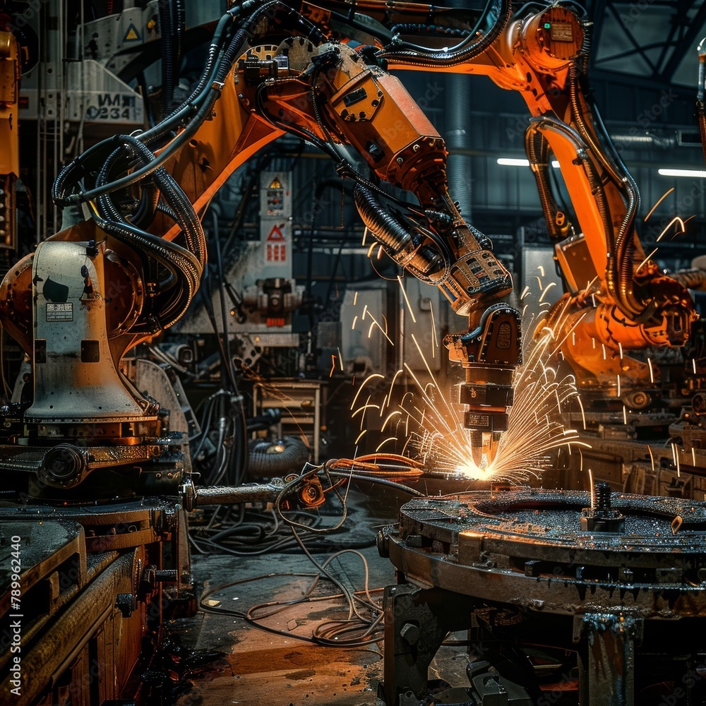 Industrial Welding Robots, Futuristic Machines in Production Line Manufacturer Factory, Welding Robots