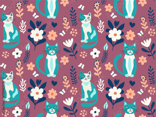 Seamless pattern vector image in flat cartoon style, cat and flowers on color background
