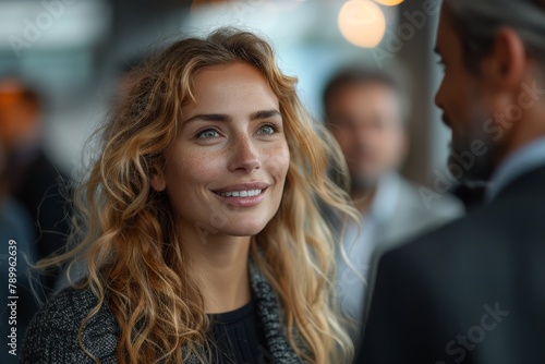An engaging woman with curly blonde hair engaged in a conversation at a networking event