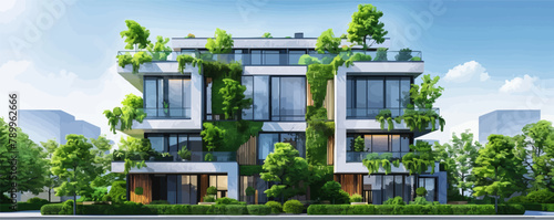Stylish modern building with green plants on the facade, the building project of the city of the future, infrastructure development and green eco city. vector simple illustration