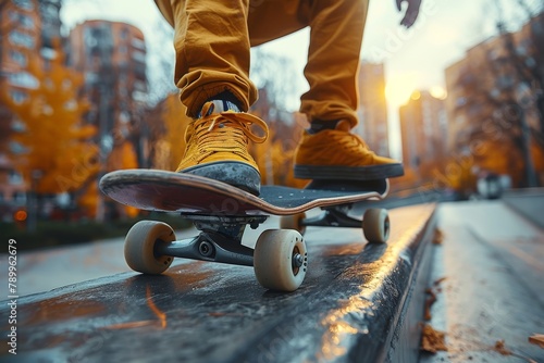 Skateboarder performing tricks on a city sidewalk against the backdrop of a sunset, evoking youth culture and urban lifestyle
