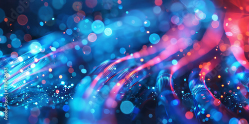 A closeup of glowing data cables on an abstract background symbolizes the flow and connection between technology and information.
