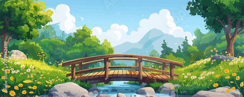 An idyllic countryside scene with a rustic wooden bridge crossing over a babbling brook. Vector flat minimalistic isolated