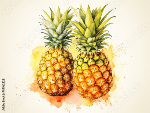 Watercolor Whole Pineapple Isolated, Aquarelle Ananas, Comosus, Creative Watercolor Tropical Fruit