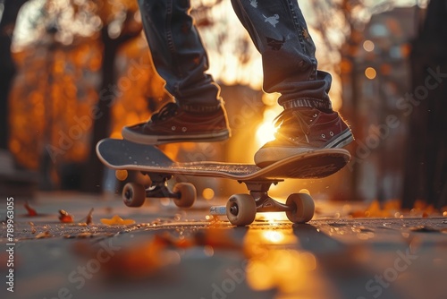 Dynamic angle capturing the feet of a skateboarder mid-trick during a beautiful sunset