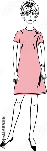 Vector fashion image young woman in retro vintage dress, silhouette with fillings can be edited