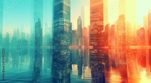 A cityscape  featuring towering skyscrapers and reflections on the water bathed in sunlight  presents a gradient of blue to orange in the background  creating an atmosphere of modernity and energy.