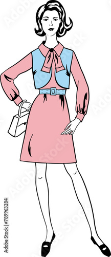 Vector fashion image young woman in retro vintage dress, with bag, silhouette with fillings can be edited