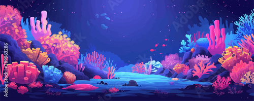 A surreal underwater world teeming with colorful coral reefs and exotic marine life. Vector flat minimalistic isolated