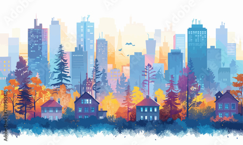 Urban and nature landscape. Modern city buildings, suburban houses and wild forest vector illustration. Contemporary metropolis with skyscrapers, suburbs with cottages and woods panorama