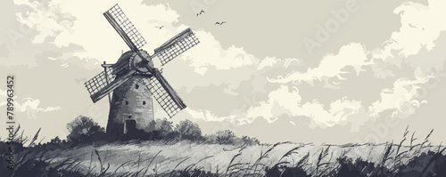 Hand drawn illustration of an old windmill. vector simple illustration
