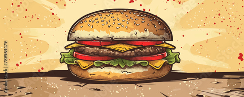 Hand drawn vector bread burger illustration with meatloaf tomato vegetarian dish, white background, delicious food for lunch and dinner, fast food ar