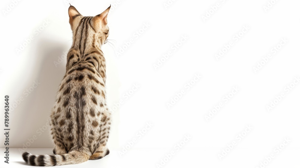 A feline perched on hind legs, front paws grasping back legs, gazing at wall A feline perched on hind legs, front paws grasping back legs, gazing at wall