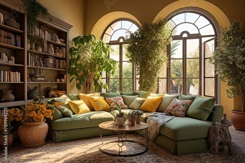 Olive Green Upholstery: Captivating Italian Villa Vibe in this Sunny Tuscany-Inspired Living Room Decor