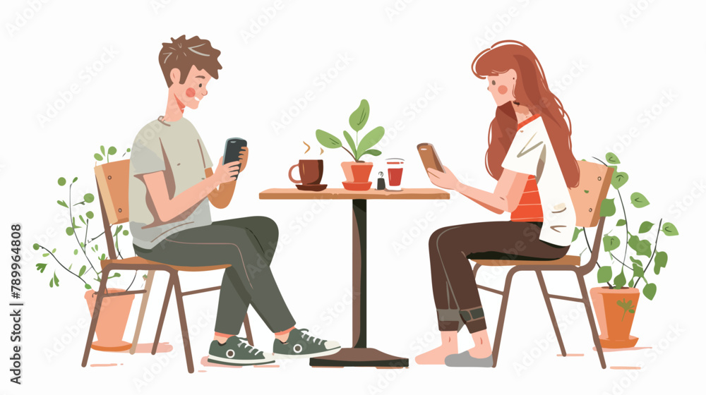 Young man and woman sitting on the chairs with smartp
