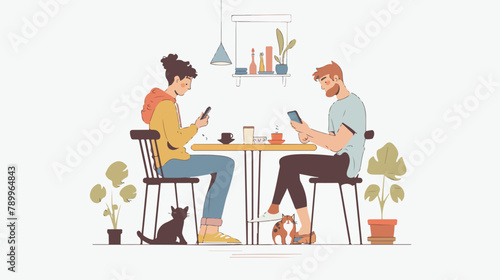 Young man and woman sitting on the chairs with smartp