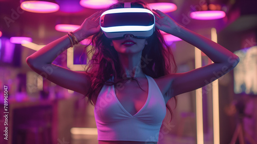 Modern futuristic night club. Young lady haves fun with virtual reality headset in contemporaty music bar photo