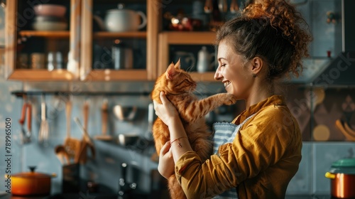 Happy woman playing with cat at kitchen new apartment. Cat lover concept.