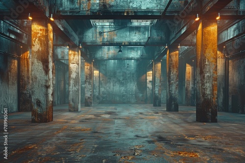 This image showcases an expansive industrial interior with aged, corroded pillars and warm ambient lighting