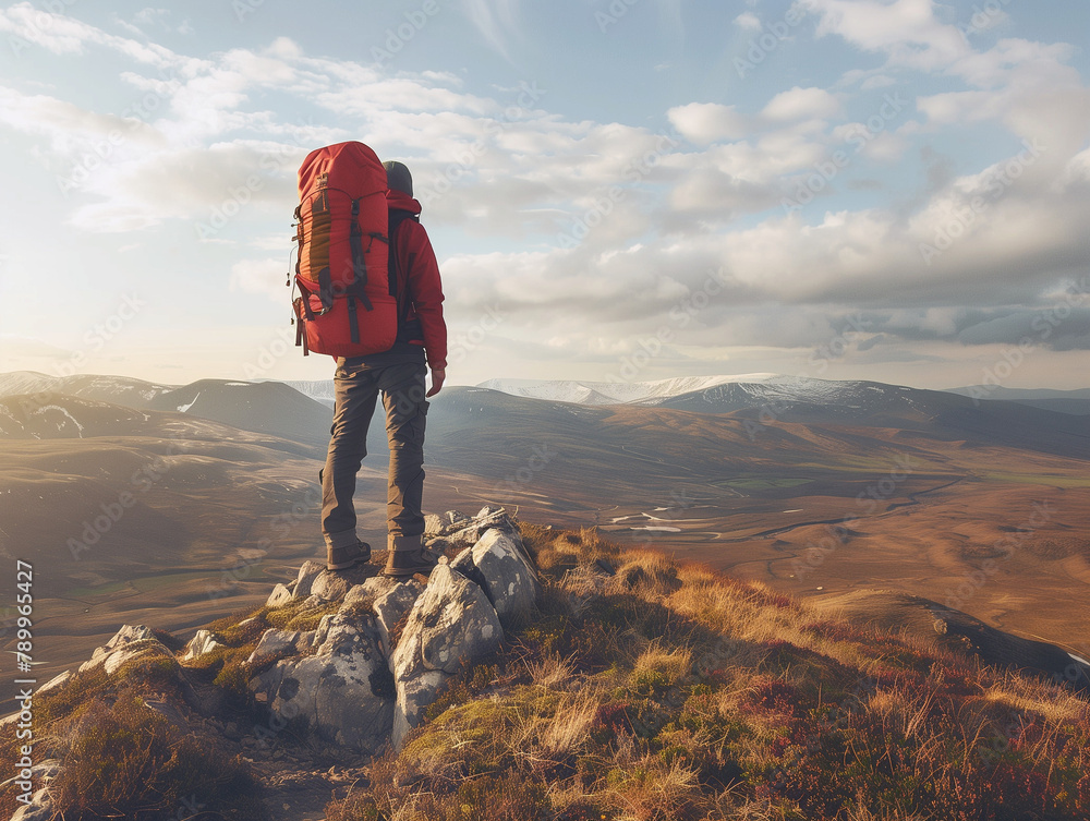 Backpacker standing atop a ridge, overlooking a vast mountainous landscape.