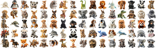 Big set of cute fluffy animal dolls for nursery and children toys  many animal plush dolls photo collection set  isolated background AIG44