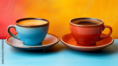 Red and blue cup of coffee on colorful background