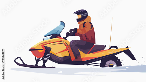 Young man riding Snowmobile isolated. Vector flat style