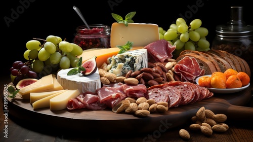 Rustic food shot of a charcuterie board arranged on a timber ring, showcasing a variety of cheeses, meats, and nuts, perfect for gourmet food marketing