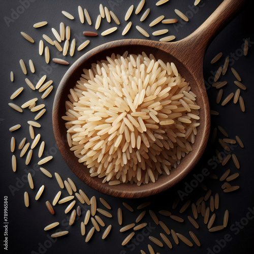 A close-up of a heap of dry white rice in a wooden bowl, a common ingredient in many healthy vegetarian meals and diets around the world photo