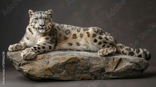   A snow leopard atop a rock before a dark backdrop, against a cement slab