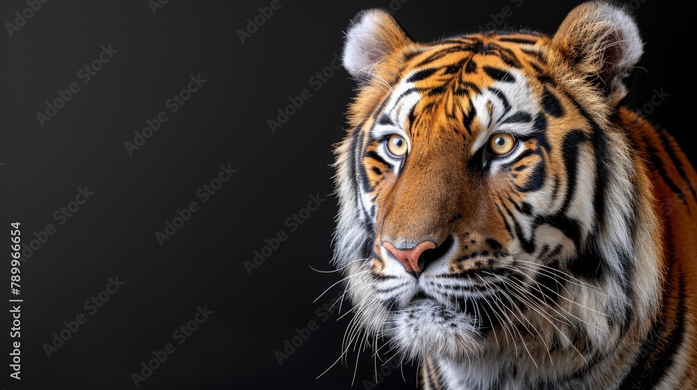 Close-up of a tiger's intense gaze on black background, facing camera Close-up of a tiger's intense gaze on black background, facing camera