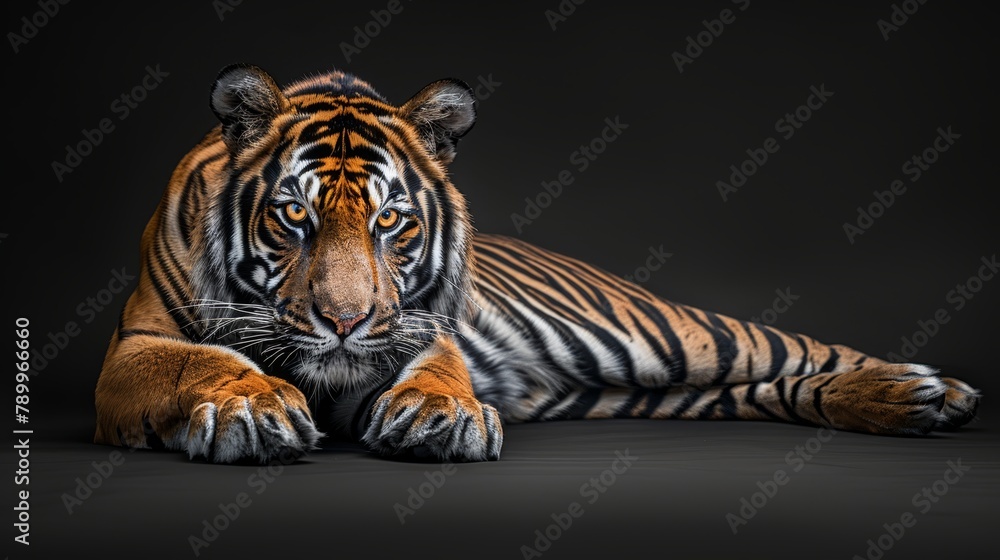 Obraz premium A tight shot of a tiger reclining on black, one paw touching the ground, the other lifted