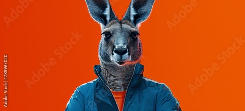 kangaroo in a sports suit on an orange background. generative ai photo