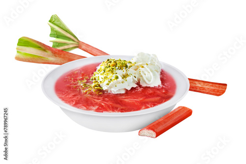Rhabarber Kompott mit Sahne und Pistazien  Hintergrund transparent PNG cut out   Rhubarb jelly stewed fruit