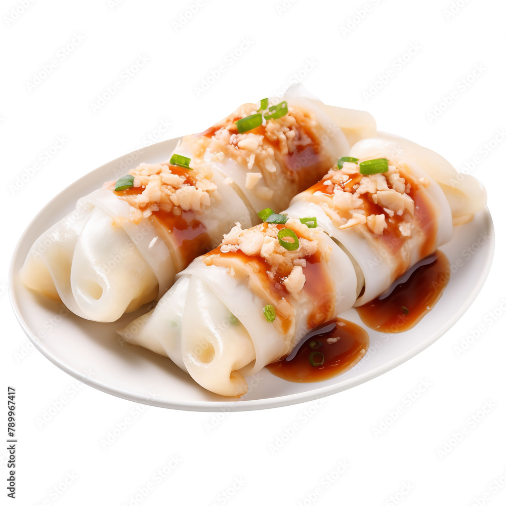 Delicious and Yummy Cheung Fun Rice Noodle Rolls Isolated On White Background Delicious and Yummy Cheung Fun Rice Noodle Rolls Isolated On White Background