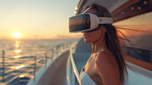 woman at vacantion relaxing at yacht , in opean sea, using virtual reality googles  photo