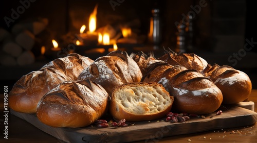 Warm and inviting image of freshly baked bread loaves displayed on a timber ring, emphasizing artisanal qualities and homestyle baking photo