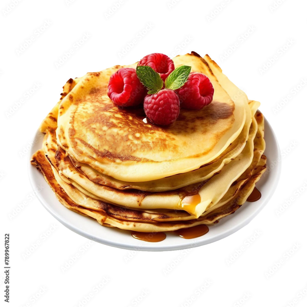 Pancakes with maple syrup and fresh berries isolated on PNG background. Generative AI.