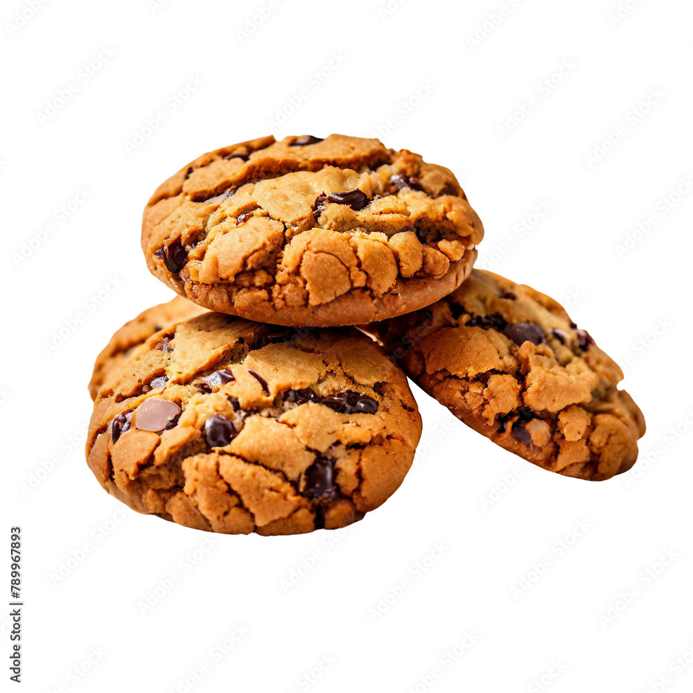 Pile of chocolate chip cookies isolated on PNG background. Generative AI.