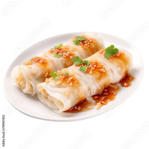 Delicious and Yummy Cheung Fun Rice Noodle Rolls Isolated On White Background 