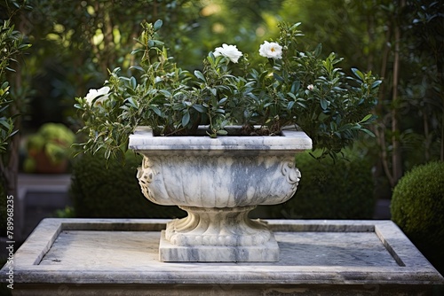 Potted Bay Laurels and Aged Marble Fountain: The Tuscan Herbalist Terrace Gardens