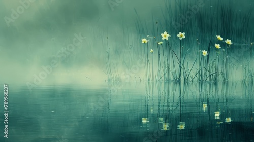  A painting of white flowers bobbing on a water surface, with reeds in the foreground, and a foggy sky shrouding the background